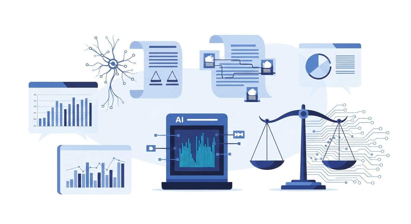 AI Technology Illustration showing the intersection of legal, media, and artificial intelligence